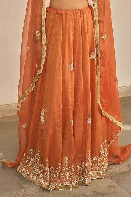 Apeksha Jain Label_Orange Chanderi Gota Patti, Embroidery, Zari Malhar Zardozi Bird Lehenga Set _Online_at_Aza_Fashions