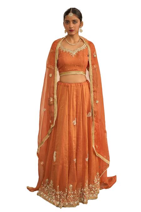 Buy_Apeksha Jain Label_Orange Chanderi Gota Patti, Embroidery, Zari Malhar Zardozi Bird Lehenga Set _Online_at_Aza_Fashions
