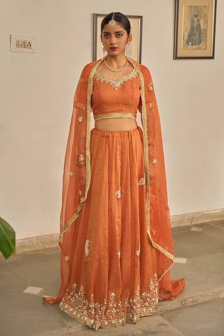 Shop_Apeksha Jain Label_Orange Chanderi Gota Patti, Embroidery, Zari Malhar Zardozi Bird Lehenga Set _Online_at_Aza_Fashions