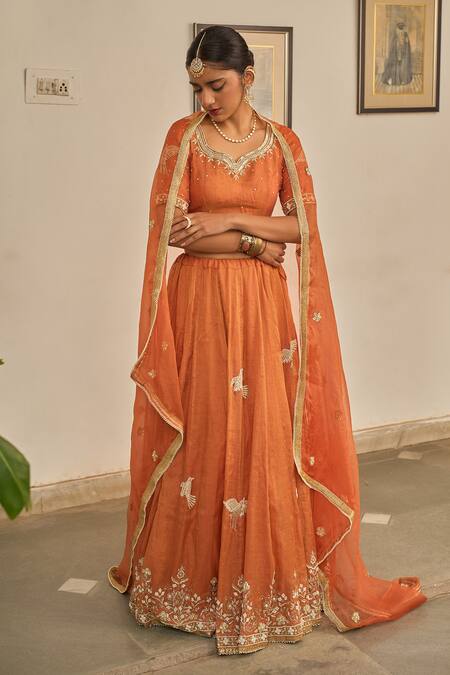 Apeksha Jain Label_Orange Chanderi Gota Patti, Embroidery, Zari Malhar Zardozi Bird Lehenga Set _at_Aza_Fashions