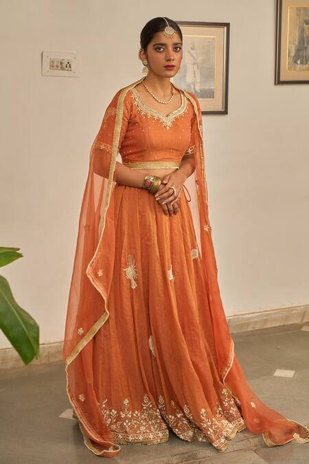 Buy_Apeksha Jain Label_Orange Chanderi Gota Patti, Embroidery, Zari Malhar Zardozi Bird Lehenga Set 