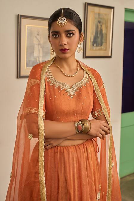 Shop_Apeksha Jain Label_Orange Chanderi Gota Patti, Embroidery, Zari Malhar Zardozi Bird Lehenga Set 