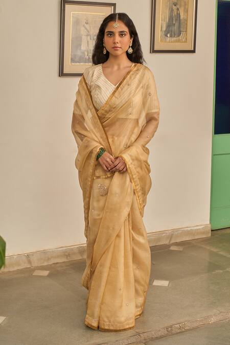 Apeksha Jain Label Gold Kota Doria, Chanderi Silk, Tissue, Gulzar Paisley Marori Saree With Blouse at Aza Fashions Apeksha Jain Label_Gold Kota Doria, Chanderi Silk, Tissue, Gulzar Paisley Marori Saree With Blouse _at_Aza_Fashions