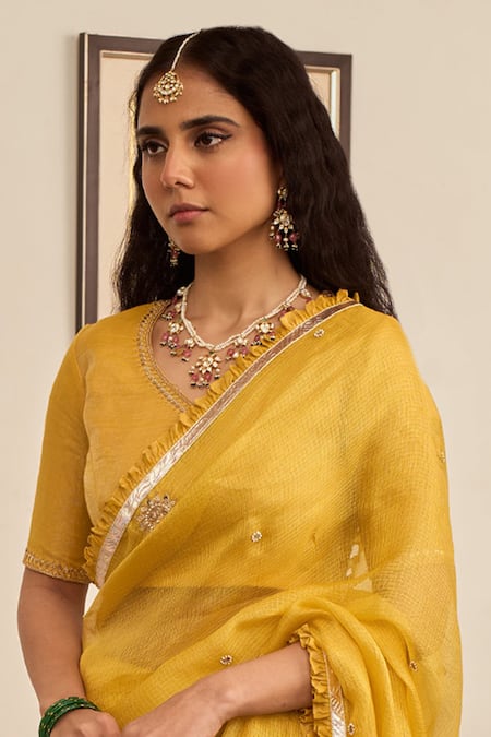Apeksha Jain Label_Yellow Kota Doria, Chanderi Embroidery Basant Marori Butti Saree With Blouse _Online_at_Aza_Fashions