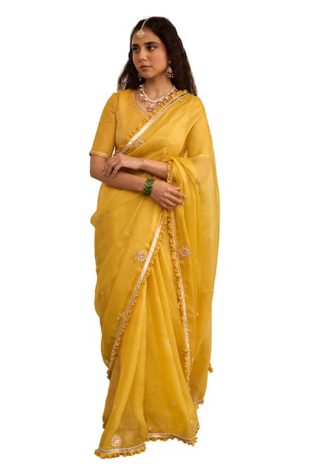 Buy_Apeksha Jain Label_Yellow Kota Doria, Chanderi Embroidery Basant Marori Butti Saree With Blouse _Online_at_Aza_Fashions