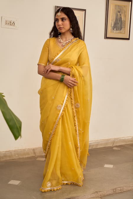 Shop_Apeksha Jain Label_Yellow Kota Doria, Chanderi Embroidery Basant Marori Butti Saree With Blouse _Online_at_Aza_Fashions