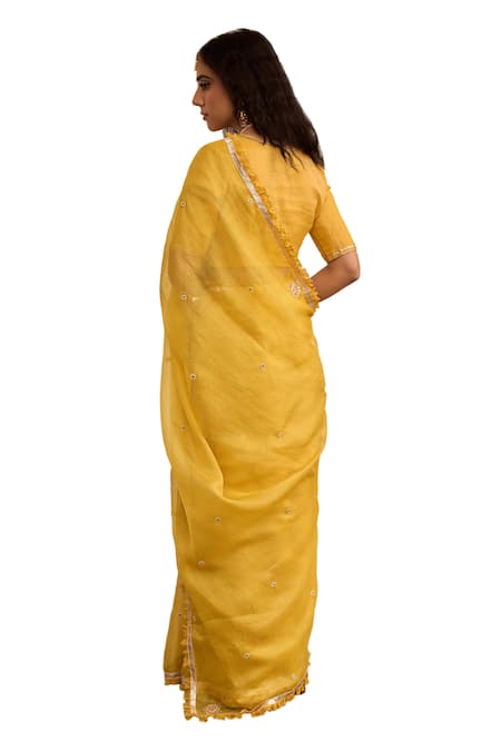 Apeksha Jain Label_Yellow Kota Doria, Chanderi Embroidery Basant Marori Butti Saree With Blouse _at_Aza_Fashions