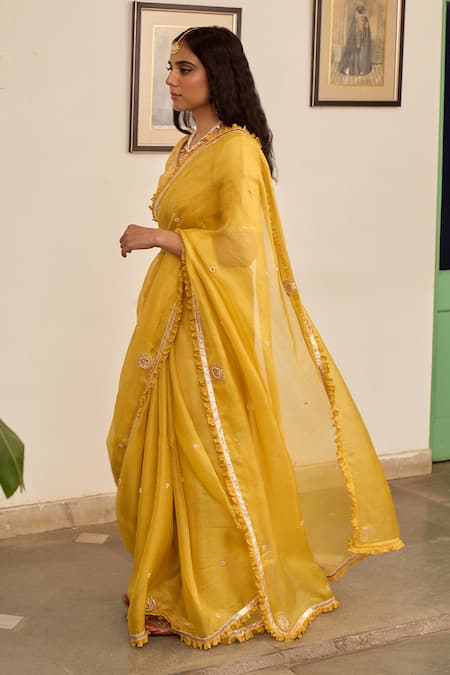 Buy_Apeksha Jain Label_Yellow Kota Doria, Chanderi Embroidery Basant Marori Butti Saree With Blouse 