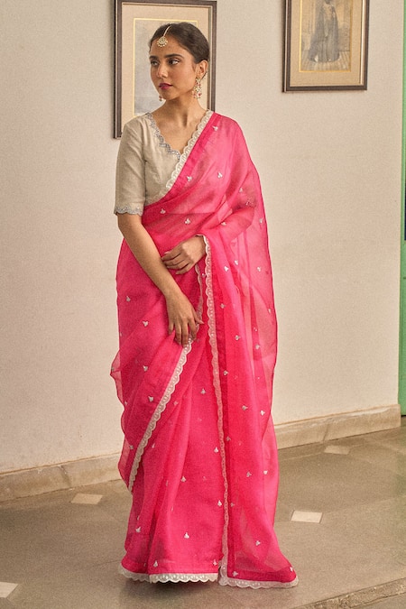 Apeksha Jain Label Pink Kota Silk Embroidered Marori Gul Kalabattu Saree With Blouse 