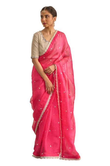 Apeksha Jain Label_Pink Tissue, Kota Doria Lace, Gul Kalabattu Scalloped Saree With Blouse _Online_at_Aza_Fashions