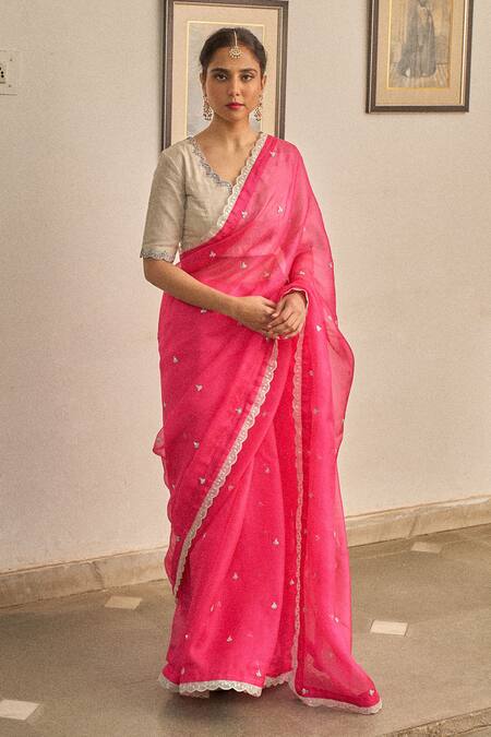 Buy_Apeksha Jain Label_Pink Tissue, Kota Doria Lace, Gul Kalabattu Scalloped Saree With Blouse _Online_at_Aza_Fashions