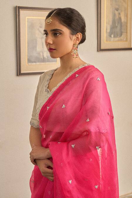 Apeksha Jain Label_Pink Tissue, Kota Doria Lace, Gul Kalabattu Scalloped Saree With Blouse _at_Aza_Fashions