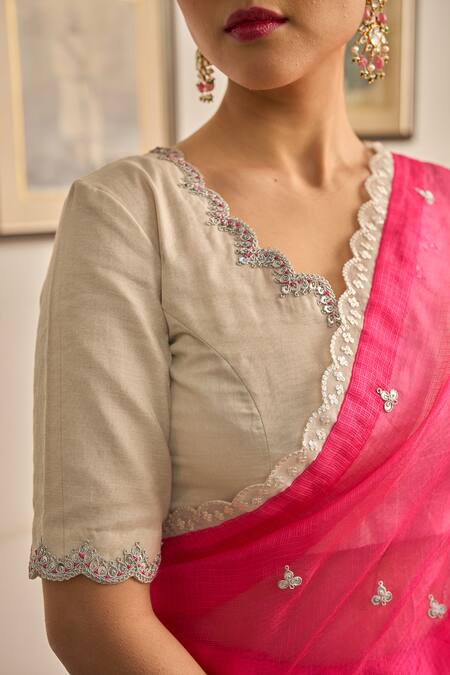 Buy_Apeksha Jain Label_Pink Tissue, Kota Doria Lace, Gul Kalabattu Scalloped Saree With Blouse 