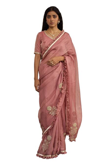 Apeksha Jain Label_Pink Kota Doria, Silk Patti, Embroidery Kasturi Floral Saree With Blouse _Online_at_Aza_Fashions