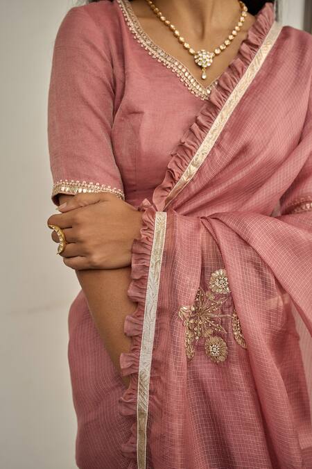 Buy_Apeksha Jain Label_Pink Kota Doria, Silk Patti, Embroidery Kasturi Floral Saree With Blouse _Online_at_Aza_Fashions
