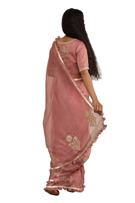 Shop_Apeksha Jain Label_Pink Kota Doria, Silk Patti, Embroidery Kasturi Floral Saree With Blouse _Online_at_Aza_Fashions