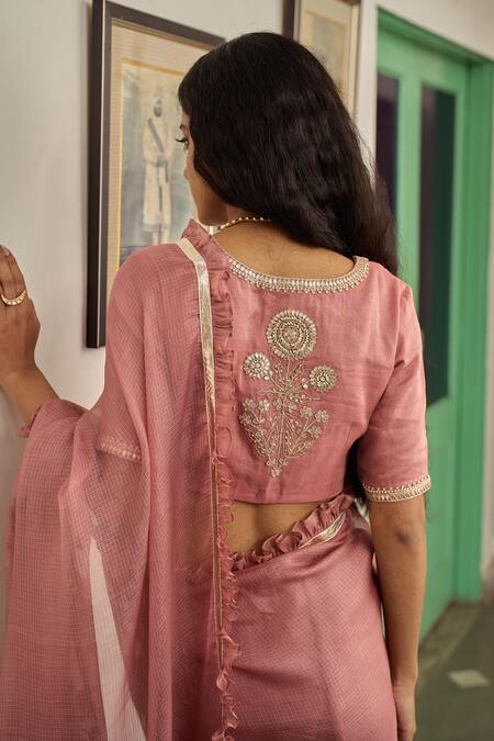 Apeksha Jain Label_Pink Kota Doria, Silk Patti, Embroidery Kasturi Floral Saree With Blouse _at_Aza_Fashions