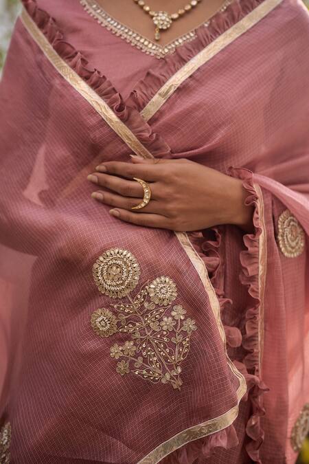 Buy_Apeksha Jain Label_Pink Kota Doria, Silk Patti, Embroidery Kasturi Floral Saree With Blouse 