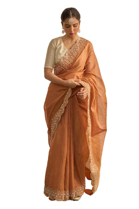 Apeksha Jain Label_Orange Tissue Cut Work, Embroidery V-neck Sunehra Border Saree With Blouse _Online_at_Aza_Fashions