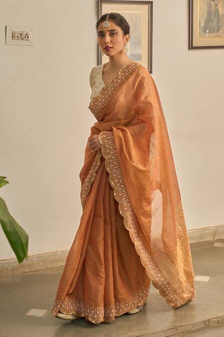 Buy_Apeksha Jain Label_Orange Tissue Cut Work, Embroidery V-neck Sunehra Border Saree With Blouse _Online_at_Aza_Fashions