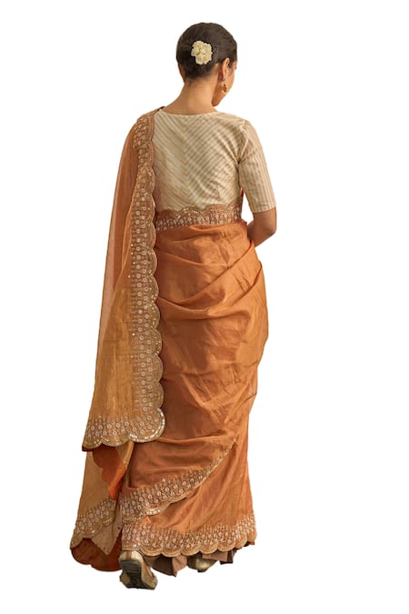 Shop_Apeksha Jain Label_Orange Tissue Cut Work, Embroidery V-neck Sunehra Border Saree With Blouse _Online_at_Aza_Fashions