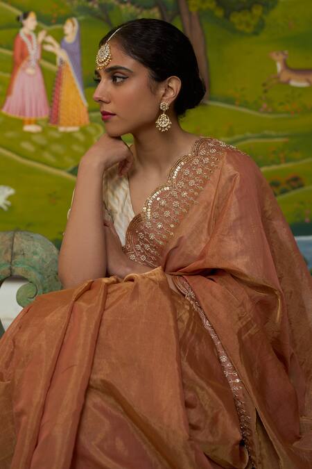 Buy_Apeksha Jain Label_Orange Tissue Cut Work, Embroidery V-neck Sunehra Border Saree With Blouse 
