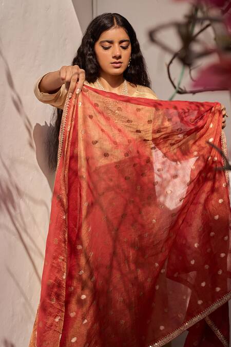 Shop_Apeksha Jain Label_Gold Tissue, Crepe Sequins V-neck Malhar Plain Kurta Pant Set 