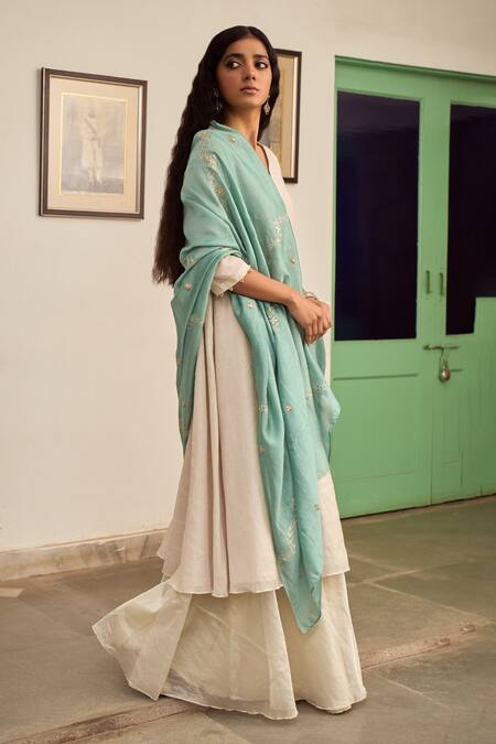 Shop_Apeksha Jain Label_Ivory Chanderi, Tissue Embroidery V-neck Itr Plain Kurta Sharara Set _Online_at_Aza_Fashions