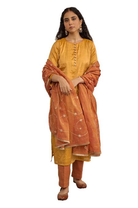 Shop_Apeksha Jain Label_Yellow Tissue Embroidery, Lace Round Neck Sabha Plain Kurta Pant Set _Online_at_Aza_Fashions
