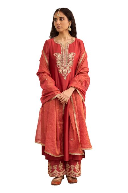 Buy Apeksha Jain Label Red Chanderi, Bamboo, Cotton, Tissue Embroidery Paisley Hand Kurta Pant Set Online at Aza Fashions Buy_Apeksha Jain Label_Red Chanderi, Bamboo, Cotton, Tissue Embroidery Paisley Hand Kurta Pant Set _Online_at_Aza_Fashions