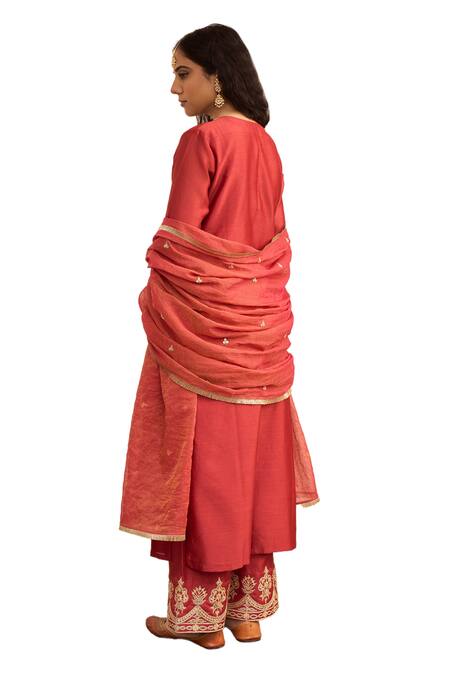 Apeksha Jain Label Red Chanderi, Bamboo, Cotton, Tissue Embroidery Paisley Hand Kurta Pant Set at Aza Fashions Apeksha Jain Label_Red Chanderi, Bamboo, Cotton, Tissue Embroidery Paisley Hand Kurta Pant Set _at_Aza_Fashions