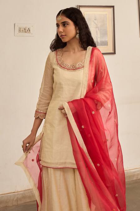 Shop_Apeksha Jain Label_Gold Organza, Tissue Sequins, Embroidery Raag Placement Hand Kurta Sharara Set 