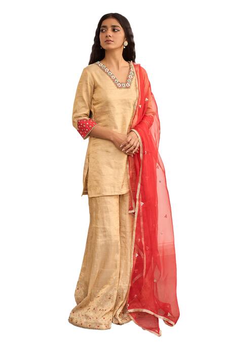 Buy_Apeksha Jain Label_Gold Organza, Tissue Sequins, Zari, Embroidery Square Jhilmil Kurta Sharara Set _Online_at_Aza_Fashions