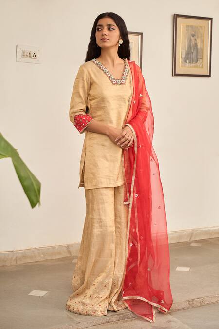 Shop_Apeksha Jain Label_Gold Organza, Tissue Sequins, Zari, Embroidery Square Jhilmil Kurta Sharara Set _Online_at_Aza_Fashions