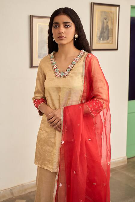 Apeksha Jain Label_Gold Organza, Tissue Sequins, Zari, Embroidery Square Jhilmil Kurta Sharara Set _at_Aza_Fashions