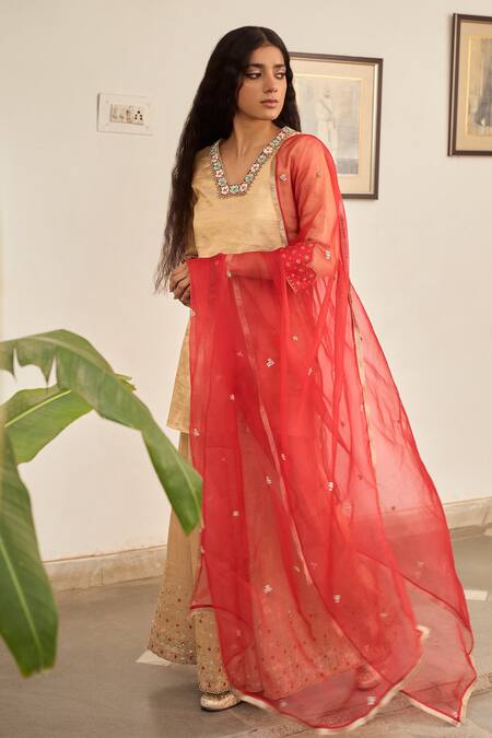 Buy_Apeksha Jain Label_Gold Organza, Tissue Sequins, Zari, Embroidery Square Jhilmil Kurta Sharara Set 