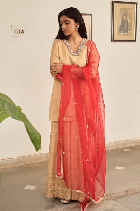 Shop_Apeksha Jain Label_Gold Organza, Tissue Sequins, Zari, Embroidery Square Jhilmil Kurta Sharara Set 