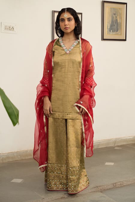 Apeksha Jain Label Green Tissue Placement Hand Jhilmil Floral Kurta Sharara Set 