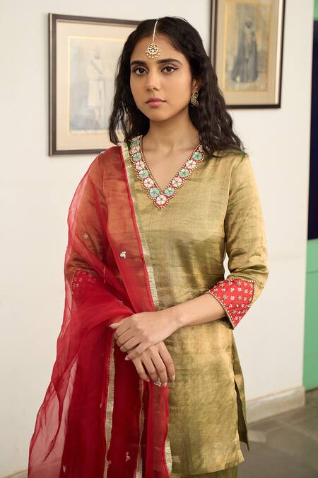 Buy Apeksha Jain Label Green Organza, Tissue Sequins, Zari, Jhilmil Floral Kurta Sharara Set Buy_Apeksha Jain Label_Green Organza, Tissue Sequins, Zari, Jhilmil Floral Kurta Sharara Set