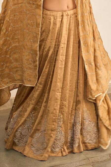 Apeksha Jain Label_Gold Tissue Embroidery, Zari Sweetheart Neck Hand Lehenga Set _Online_at_Aza_Fashions