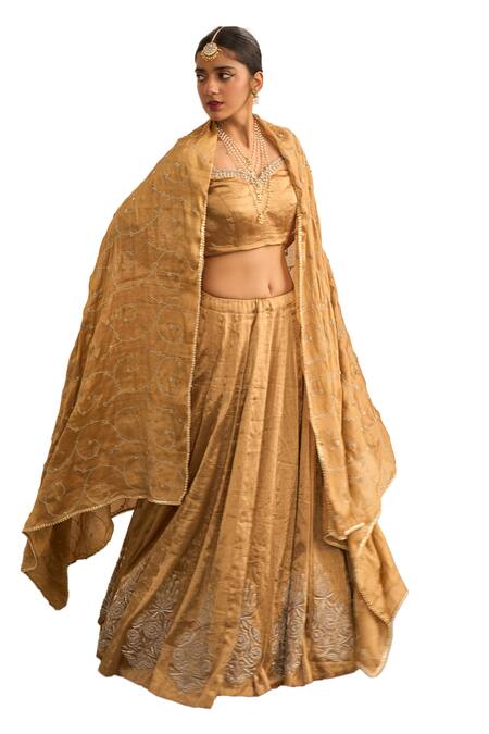 Buy_Apeksha Jain Label_Gold Tissue Embroidery, Zari Sweetheart Neck Hand Lehenga Set _Online_at_Aza_Fashions