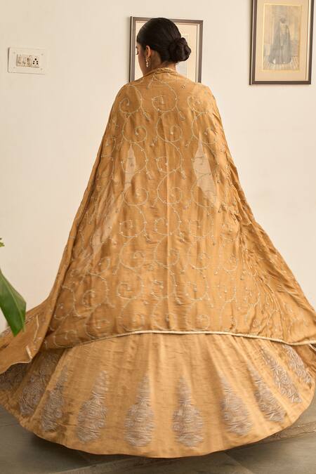 Apeksha Jain Label_Gold Tissue Embroidery, Zari Sweetheart Neck Hand Lehenga Set _at_Aza_Fashions