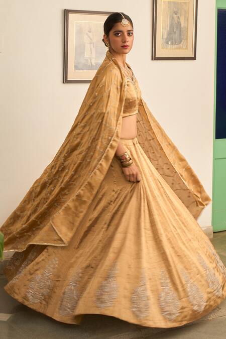 Buy_Apeksha Jain Label_Gold Tissue Embroidery, Zari Sweetheart Neck Hand Lehenga Set 