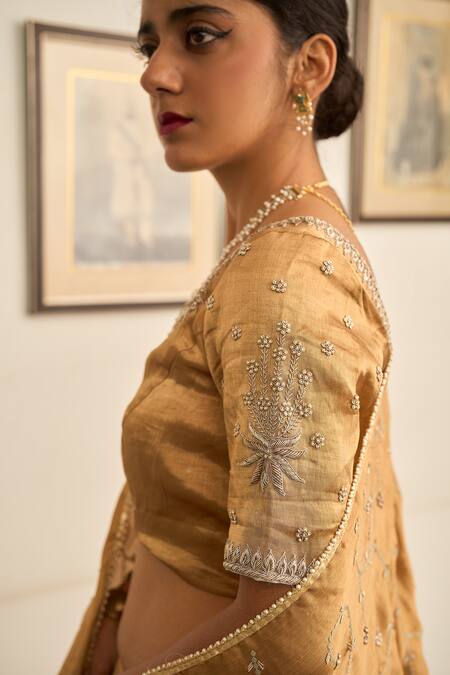 Shop_Apeksha Jain Label_Gold Tissue Embroidery, Zari Sweetheart Neck Hand Lehenga Set 