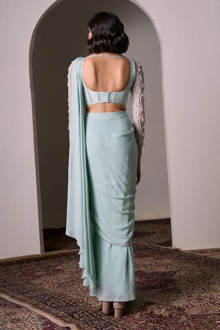 Shop_Parshya_Green Silk, Crepe Pearls Border Hand Embellished Pre-draped Saree With Blouse _at_Aza_Fashions