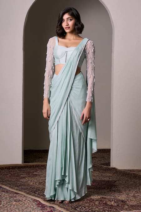 Parshya_Green Silk, Crepe Pearls Border Hand Embellished Pre-draped Saree With Blouse _Online_at_Aza_Fashions