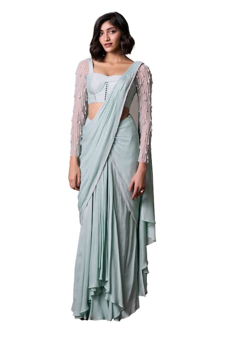 Buy_Parshya_Green Silk, Crepe Pearls Border Hand Embellished Pre-draped Saree With Blouse _Online_at_Aza_Fashions