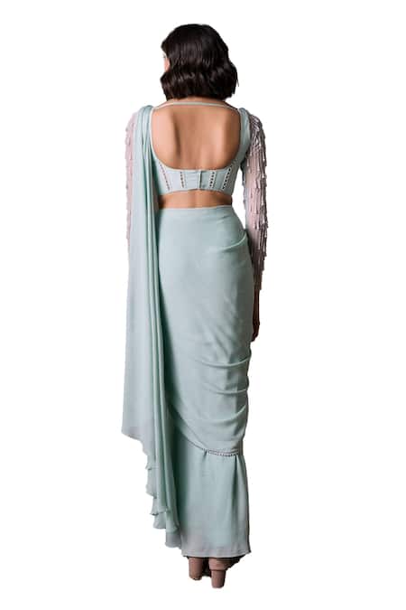 Parshya_Green Silk, Crepe Pearls Border Hand Embellished Pre-draped Saree With Blouse _at_Aza_Fashions