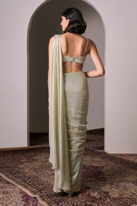 Shop_Parshya_Green Chiffon, Silk, Lurex Pearls Pre-draped Saree With Hand Embellished Blouse _at_Aza_Fashions
