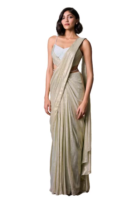 Parshya_Green Chiffon, Silk, Lurex Pearls Pre-draped Saree With Hand Embellished Blouse _Online_at_Aza_Fashions